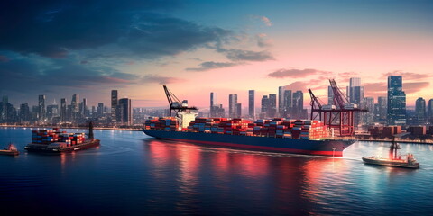 container ship entering a major port at dusk, with the city skyline in the background, symbolizing the urban integration of trade hubs.