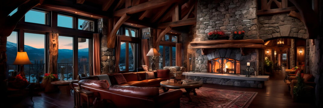 inviting and cozy lodge lobby in a mountain retreat, featuring a stone fireplace, wooden beams, and rustic furnishings.