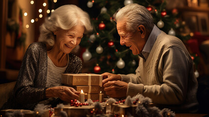 An elderly couple open a gift box and rejoice together in the living room decorated with a Christmas tree on Christmas day