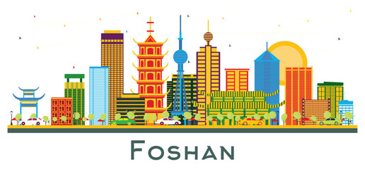 Fototapeta premium Foshan China city Skyline with Color Buildings isolated on white.