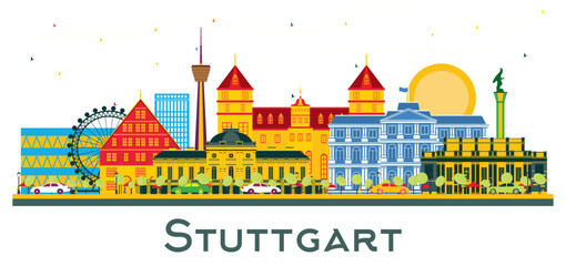 Stuttgart Germany city Skyline with Color Buildings isolated on white.
