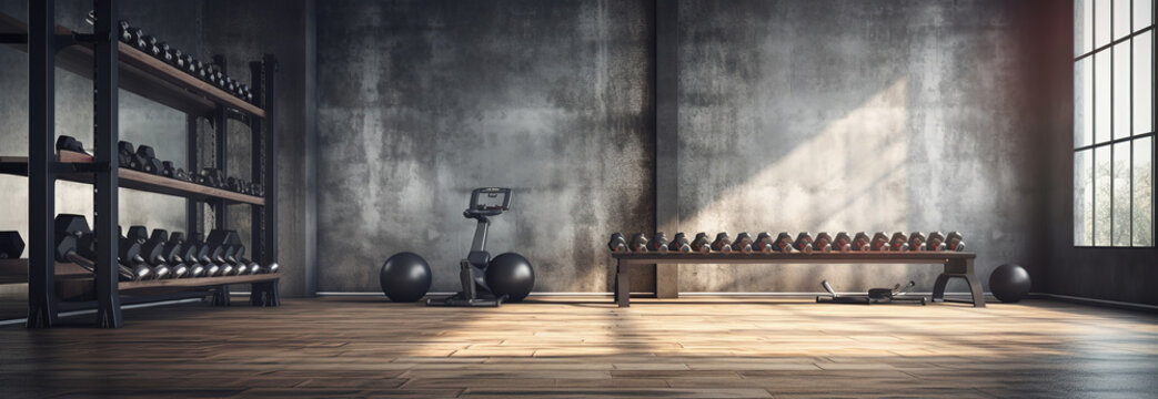 Gym interior background of dumbbells on rack in fitness and workout room Free space for text