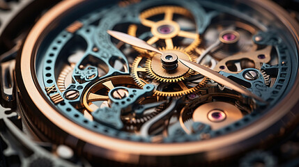 Gears and cogs in clockwork watch mechanism. Craft and precision - elegant detailed stainless steel and metal.