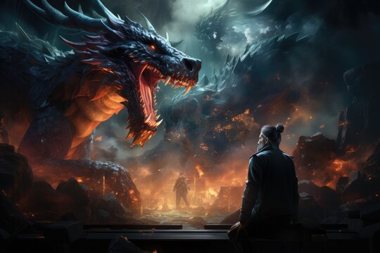 Man wearing virtual reality headset and surreal dragon. VR goggles. Generative AI