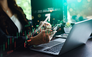 Explore the stock market trends for 2024, analytical businessman planning business growth 2024,...