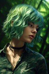 Fototapeta premium Green-haired girl standing amidst the forest, her vibrant hair resonating in perfect harmony with the natural surroundings, encapsulating the essence of GenZ expressiveness