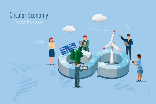 Circular economy symbol in jigsaw with wind turbines, solar panel and businessman team. Sustainable environment strategy of eliminate waste and pollution, renewable and reuse for global business goal.