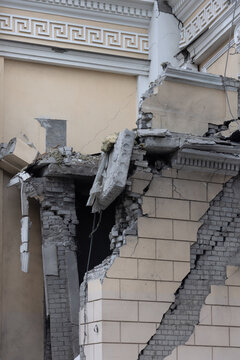 Building of an Orthodox church in Odessa destroyed by rocket during war Ukraine - Russia. Broken wall cracks Orthodox icons, crosses, religious paintings, mosaics destroyed as a result of hostilities
