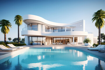 Exterior of modern minimalist white villa with swimming pool and blue sky