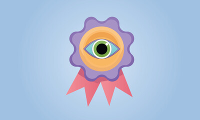 Badge icon with an eye.on blue background.Vector Design Illustration.