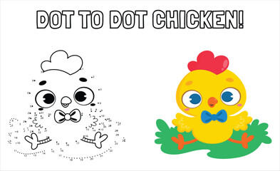 Vector Illustration of Education dot to dot game - Chick. Numbers game, education dot to dot game for children, Chicken. Connect The Dots and Draw Cute Cartoon Chicken. Educational Game for Kids. 72