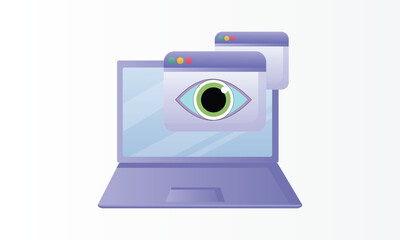 Fototapeta premium Laptop and eye icon. Internet surveillance, spyware, computer is watching you concepts.on white background.Vector Design Illustration.