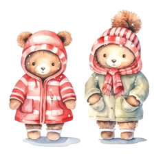 Winter Wonderland Teddy: Watercolor Illustration of Bear in White Jacket © Finkha
