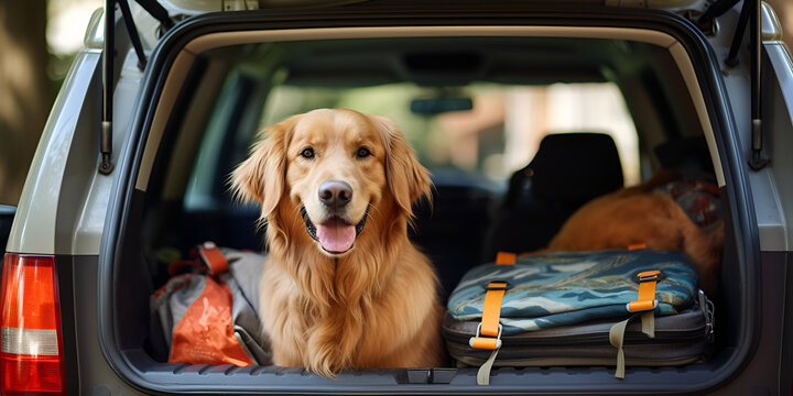 cute golden retriever dog sitting in car trunk with luggage for trip, Brown golden retriever sitting in the car