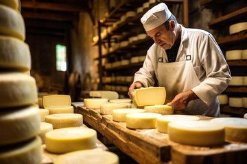 An elderly cheese maker checks the quality of the cheese. Homemade cheese production.