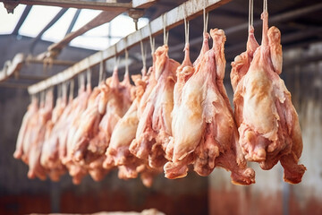 Poultry farm production of chicken meat. Industrial production and packaging of chicken meat. Chicken carcasses and tenderloin. modern food industry.