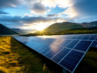 Solar panel cell on dramatic sunset sky background,clean Alternative power energy concept. Generated by AI