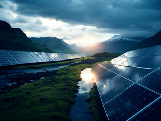 Solar panel cell on dramatic sunset sky background,clean Alternative power energy concept. Generated by AI