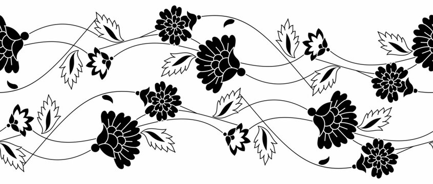 Seamless black and white lacy floral border