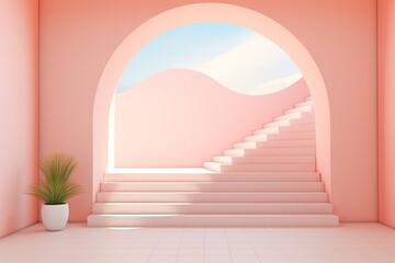 Trendy geometric stairs and podium in pastel interior. Concept of sleek modern architecture.