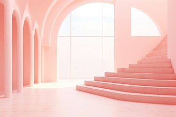 Minimalist fashion staircase in modern geometric interior with blank arch. Concept of architectural elegance.