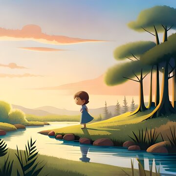 A child depicted playfully investigates a sparkling stream flowing through a forest, cartoon style