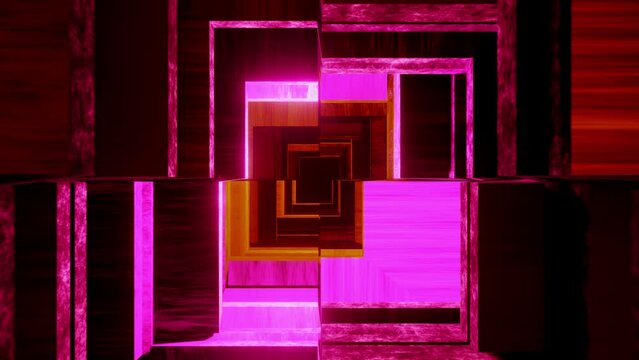 tunnel with polygonal frames loop 3d animation , sacred geometry geometric patterns for live concert music video abstract trippy acid trance dmt lsd colorful art. Place for logo Orange pink color