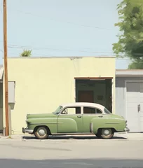 Gordijnen A nostalgic scene unfolds as a classic American car, bathed in hues of light green and amber, stands majestically in front of a garage, evoking memories of Chicano art and vintage charm © Breezze