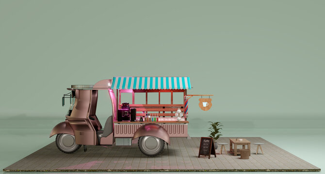 custom coffee car street food in night scene, 3d illustration rendering