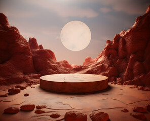Round stone podium and pedestal stand platform for display product in desert with rock mountain on mars, 3d render illustration, Generative AI