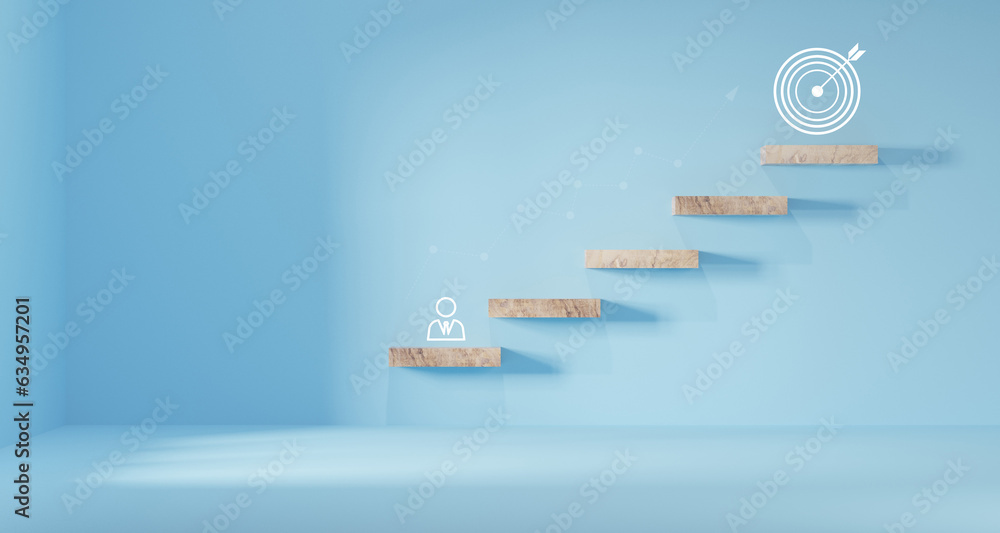 Wall mural woods block step on table with icon action plan, goal and target, success and business target concep