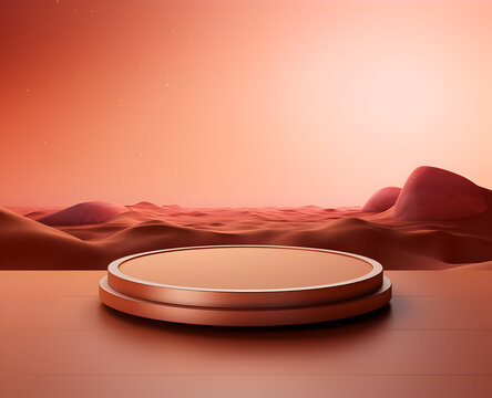 Round podium and pedestal stand platform for display product in desert with rock mountain on mars, 3d render illustration, Generative AI