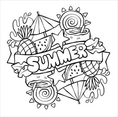 Coloring page. Black and white vector illustration. Hello summer. Hello summer. Coloring page. Vector illustration. Sun, clouds, flowers. 85
