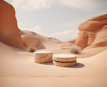 Empty Round Stone Podium And Pedestal Stand Platform For Display Product In Desert With Rock Mountain, 3d Render Illustration, Generative AI