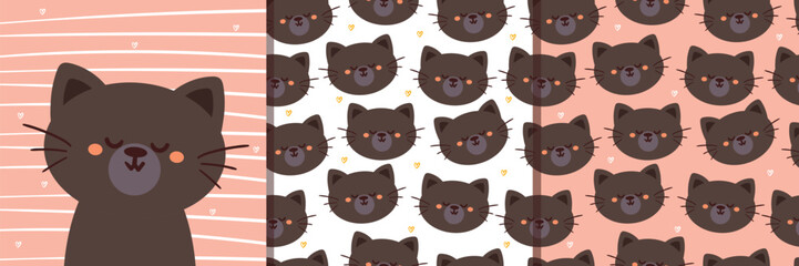seamless pattern and card, hand drawing cartoon cat. cute animal card and pattern for gift wrap paper