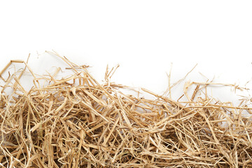 top view flat lay overhead dry hay straw grass isolated on white background. pile of dry hay straw grass isolated. heap of dry hay straw grass wheat isolated                          