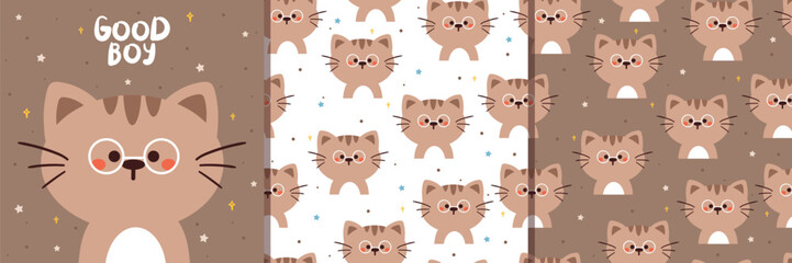 seamless pattern and card, hand drawing cartoon cat. cute animal card and pattern for gift wrap paper