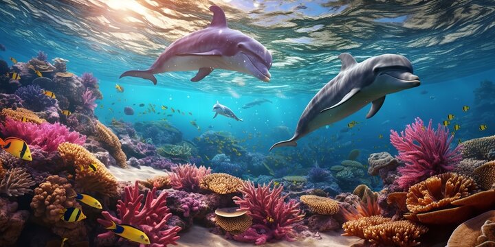 Dolphins and a reef undersea environment. Electronic collage images as wallpaper. Generative Ai.