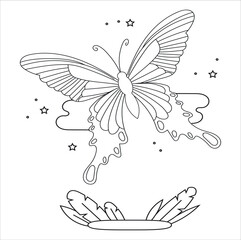 Coloring page Butterflies with stars. Vector hand drawn butterfly. Line art illustration for coloring book. Anti stress hobby. 88