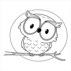cartoon illustration side view of an owl perched on a large rock under a thick forest tree at noon book or page for kids.  89