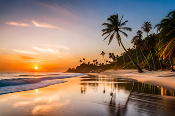 Obraz premium Bright orange sunset view under palm tree branch silhouette. Sand beach seascape. Generative AI
