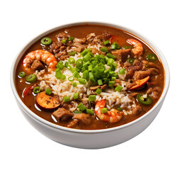 Delicious gumbo with prawns, sausage and rice on transparent or white background, png