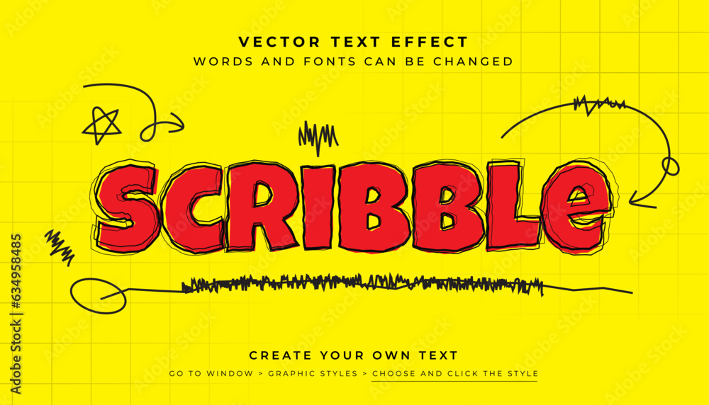 Fototapete Vector Editable scribble text effect. Kids typography graphic style on yellow abstract background