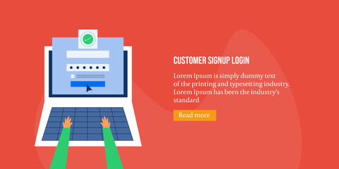 Customer filling registration online, person login to website account from laptop pc, vector illustration web banner.