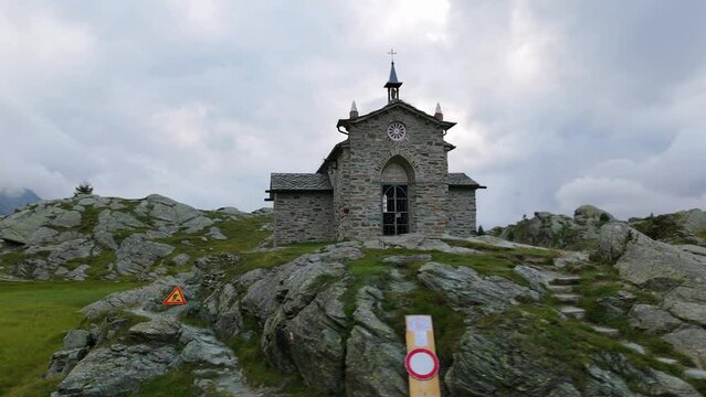 Santuario Madonna della Pace Near Alpe Prabello In Lanzada, Sondrio, Italy. drone orbit