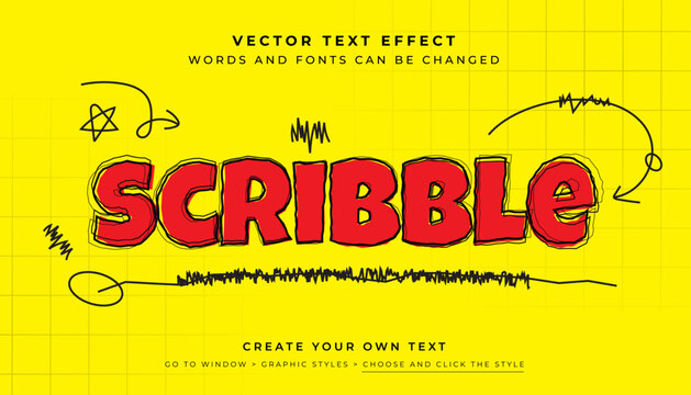 Vector Editable scribble text effect. Kids typography graphic style on yellow abstract background
