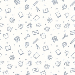 School background. Seamless pattern related with back to school and other educational subjects. Lots of icon graphic elements related with school supplies and classes subjects