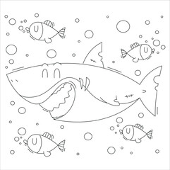 Shark coloring page. Black and white cartoon illustration. Funny shark cartoon with squid undersea, coloring book or page. Shark coloring page. Black and white cartoon illustration. 91