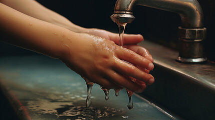 water dripping on human hands, a child trying to survive the drought and wash or escape thirst. The problem of drought and environmental disaster