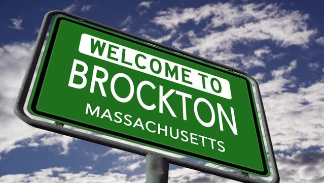 Welcome to Brockton, Massachusetts. USA City Road Sign Close Up, Realistic 3d Animation